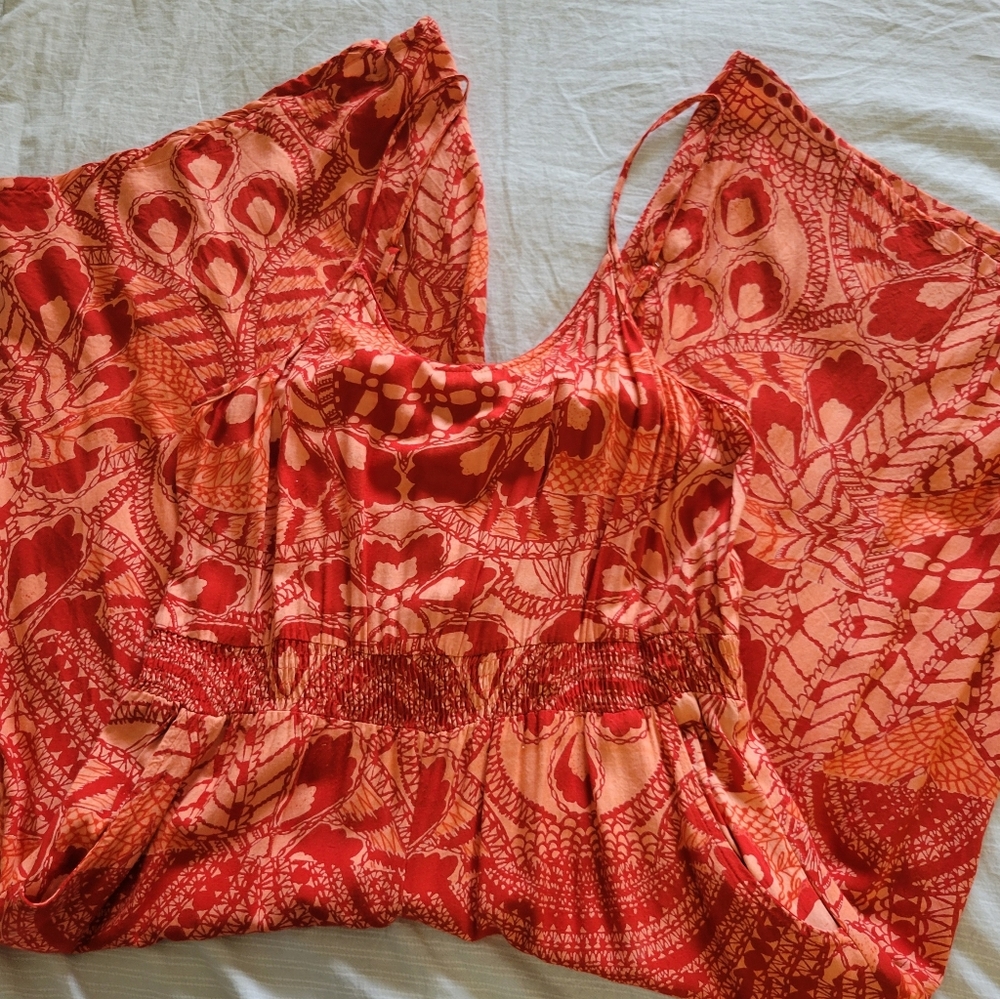 Nordstrom Angie Jumpsuit Romper Capri Strapless Orange Red Coral Floral Pattern